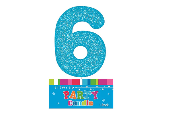 Blue Six Glitter Number 6 Candle - Artwrap