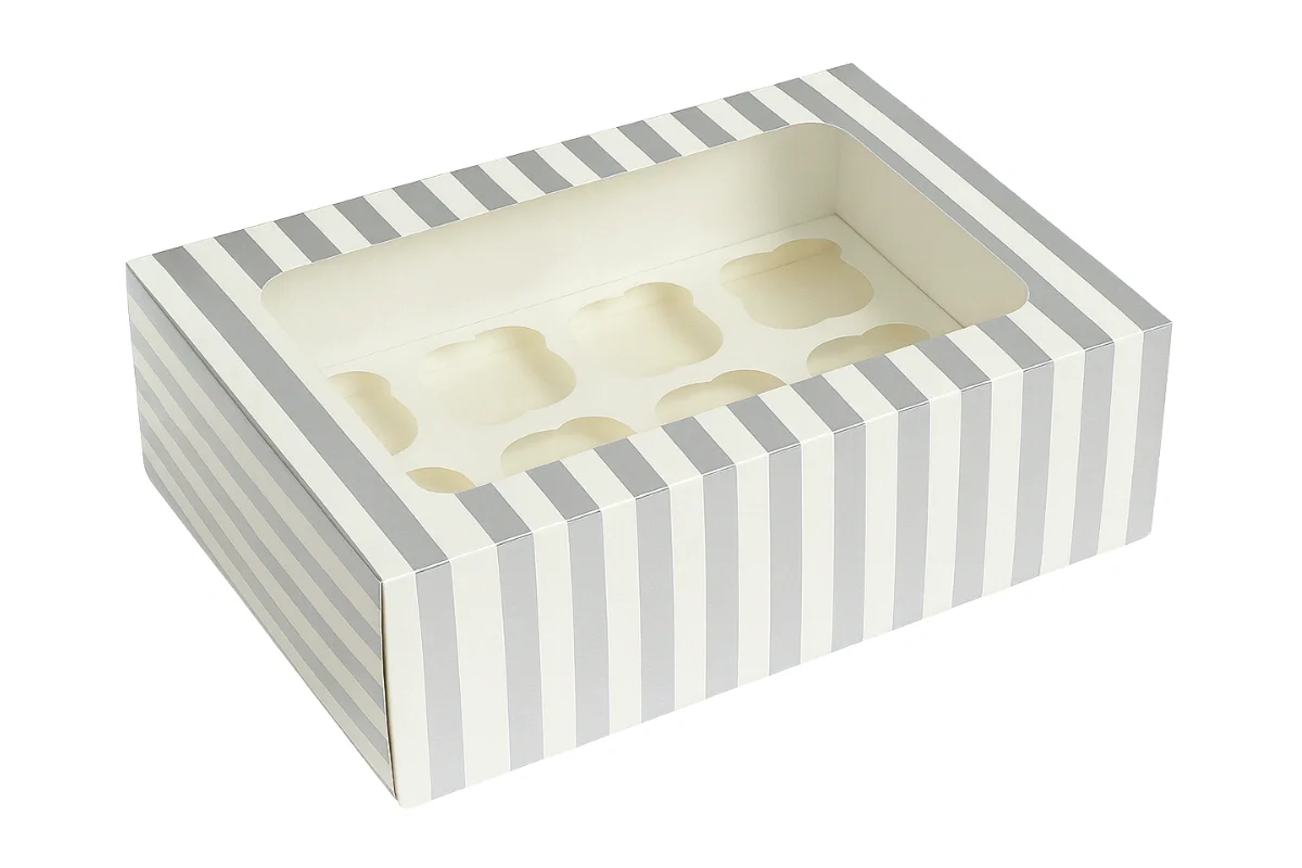Silver 12 Holds White Stripe Cupcake Box - Iconic Cake Art