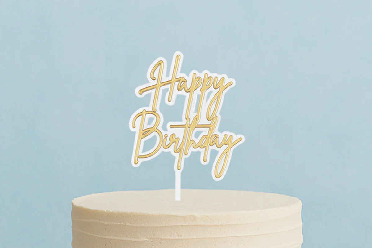 White Happy Birthday N Gold - Cake Toppers - Iconic Cake Art